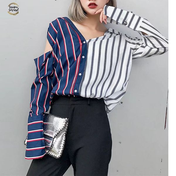 hit women color striped blouses blue white irregular split shirts v-neck lapel ol blouses long cut out sleeves long causal
